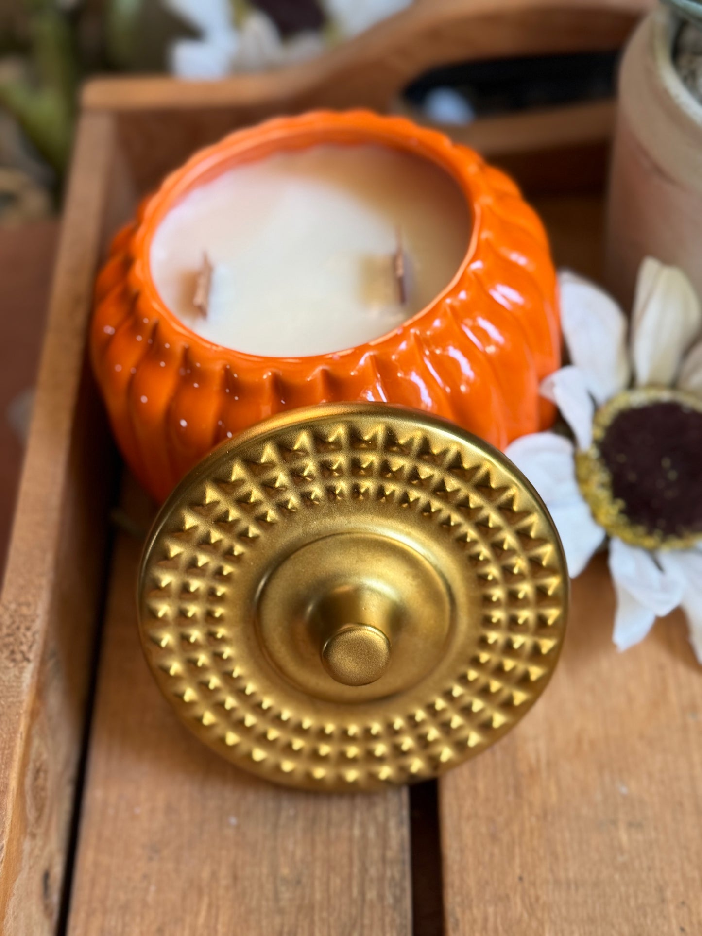 Ceramic Pumpkin Candle with 2 crackling wicks, clean burning candles