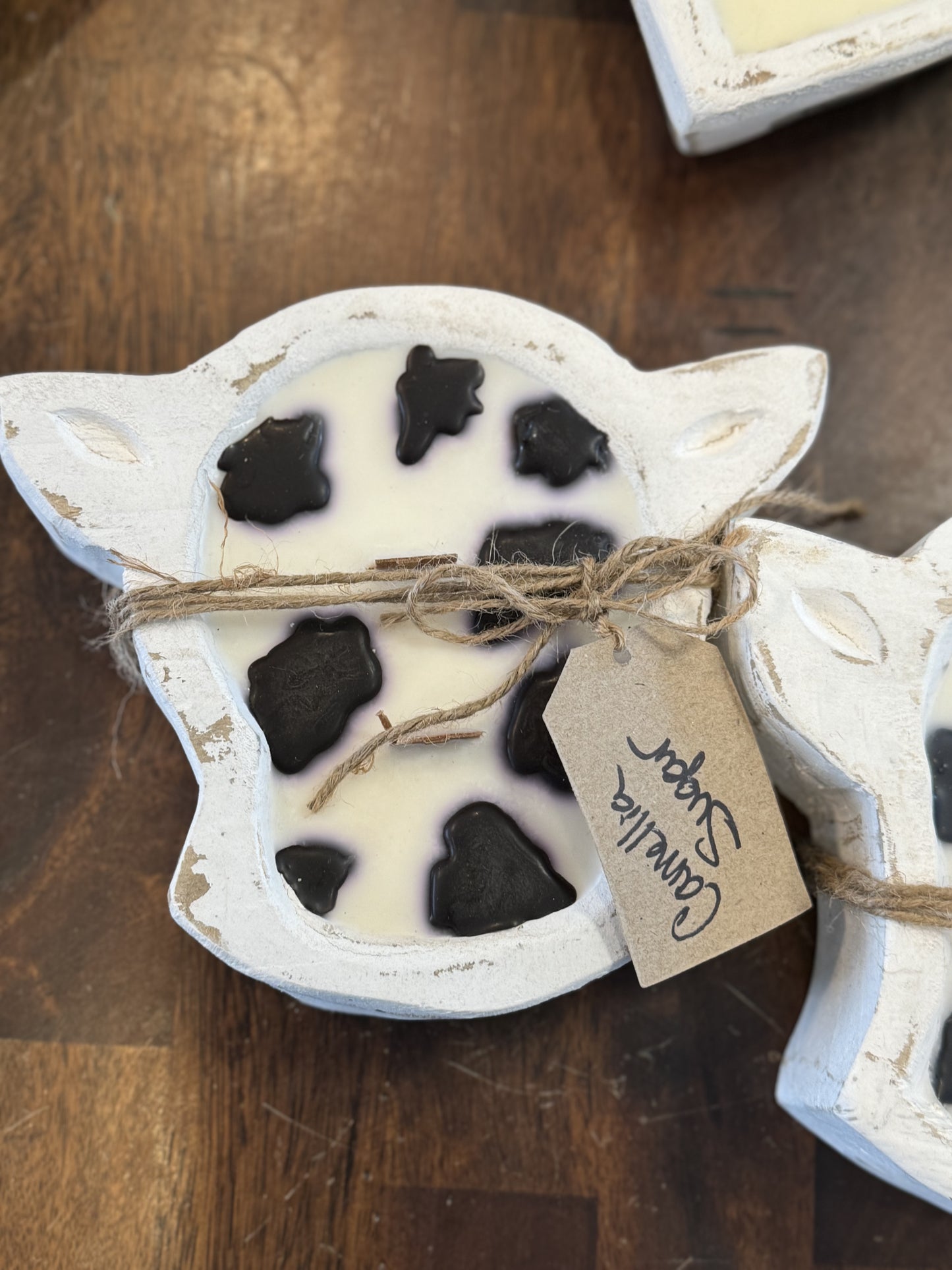 White Mini Cow soy candle 2 wick wooden dough bowl