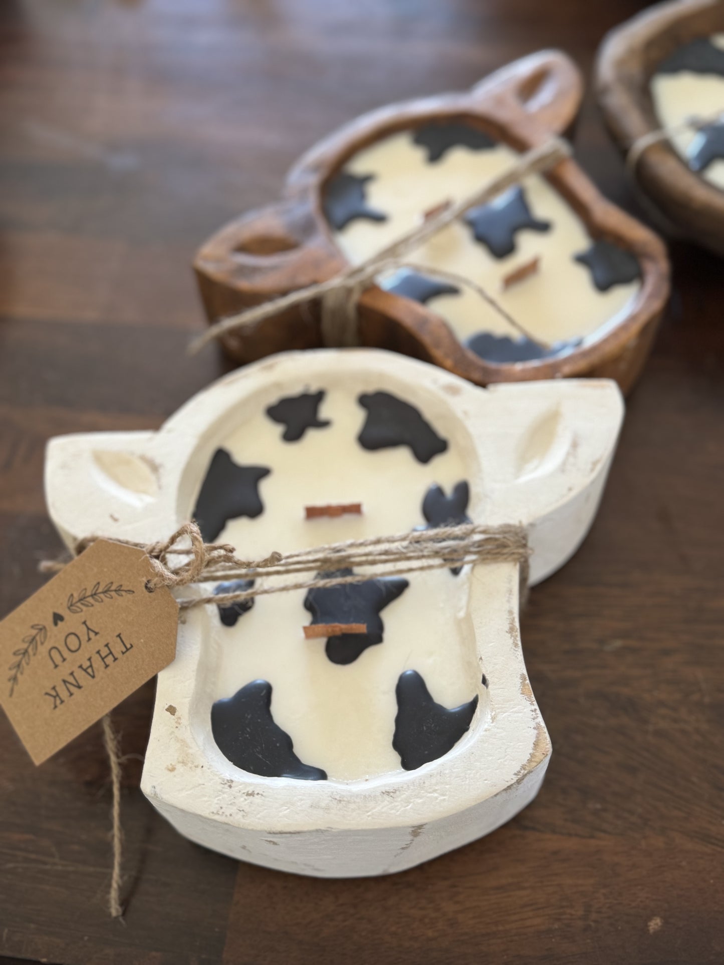 White Mini Cow soy candle 2 wick wooden dough bowl