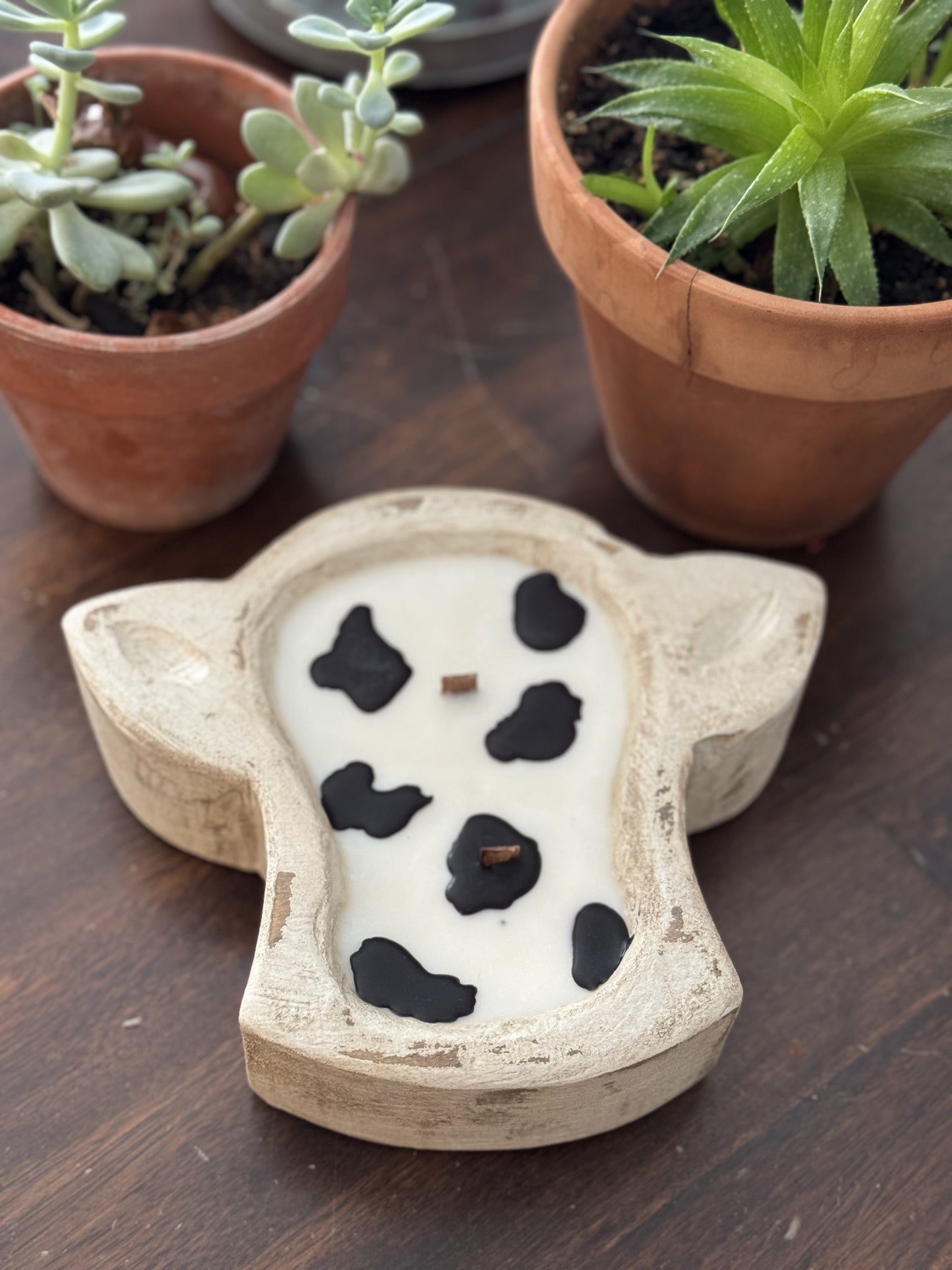 White Mini Cow soy candle 2 wick wooden dough bowl