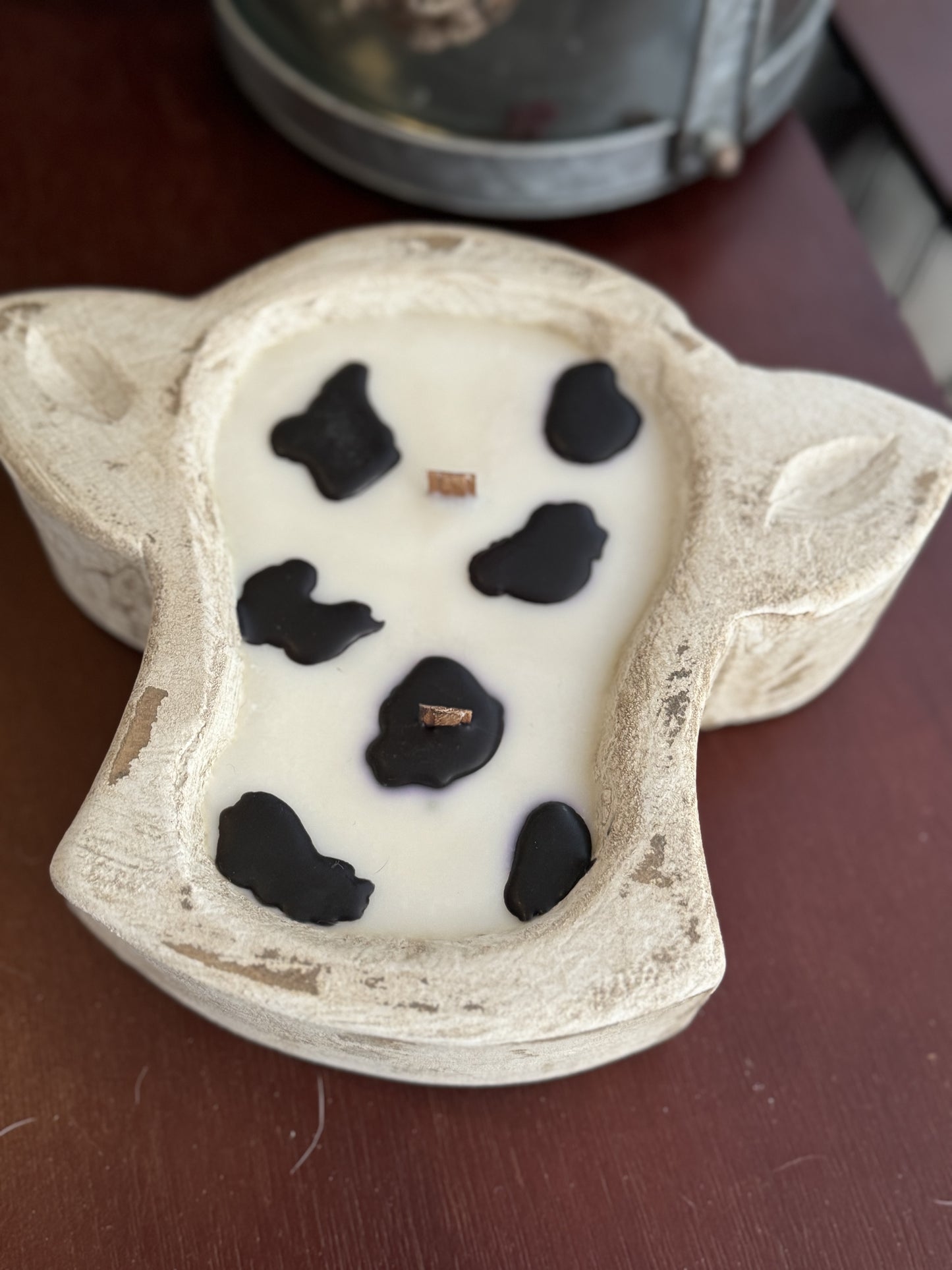 White Mini Cow soy candle 2 wick wooden dough bowl