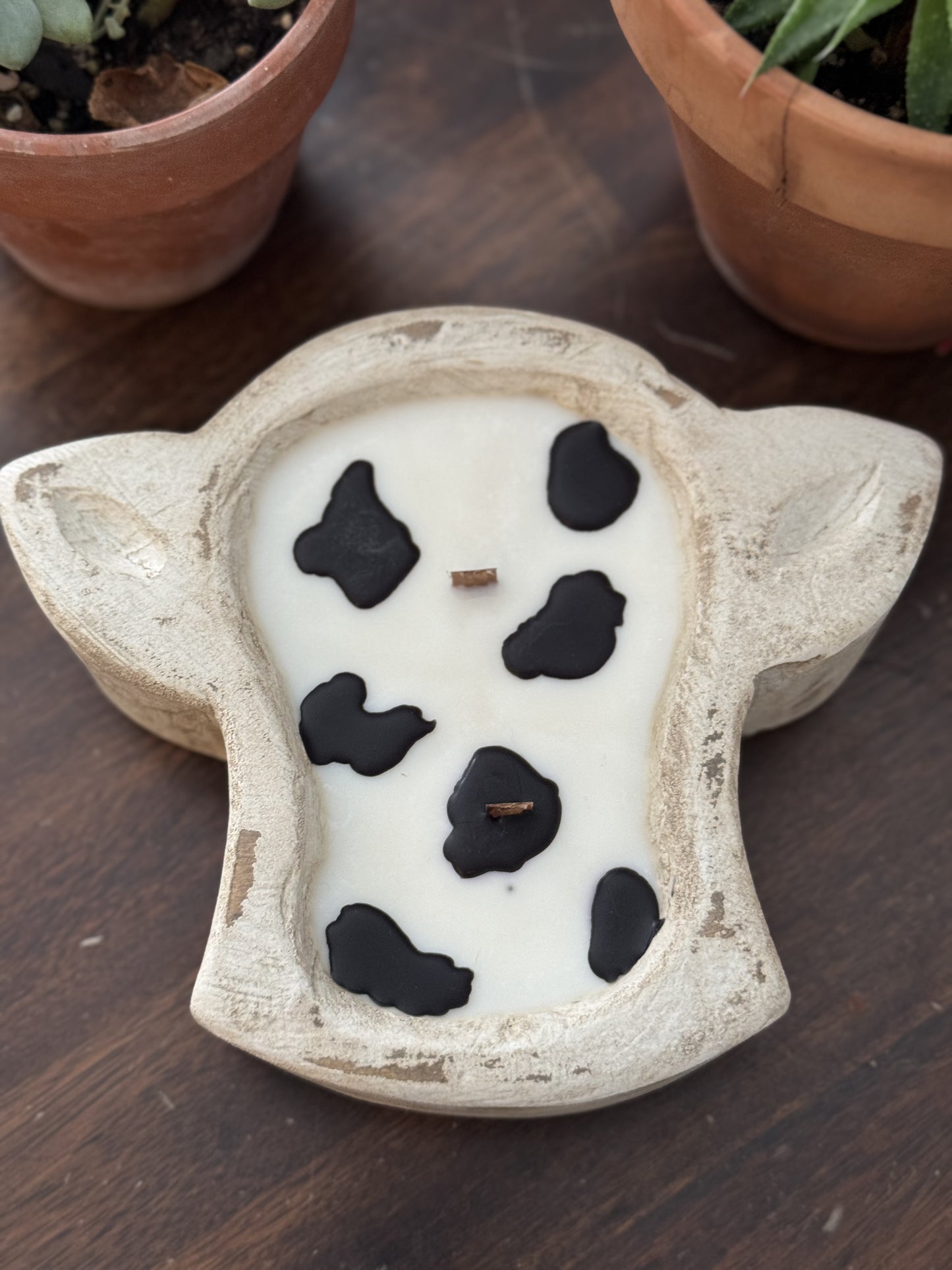 White Mini Cow soy candle 2 wick wooden dough bowl