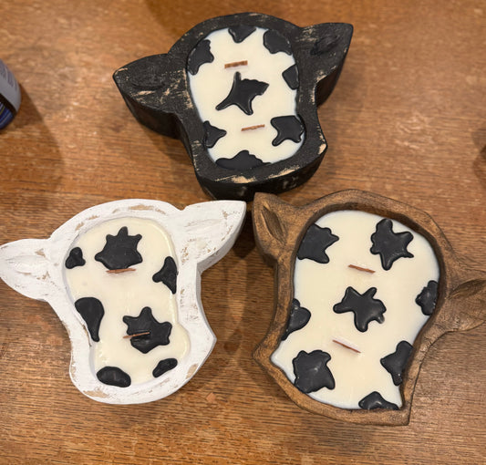 White Mini Cow soy candle 2 wick wooden dough bowl